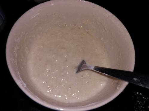 Mixey mash the water in until it looks lumpy and runny like this.